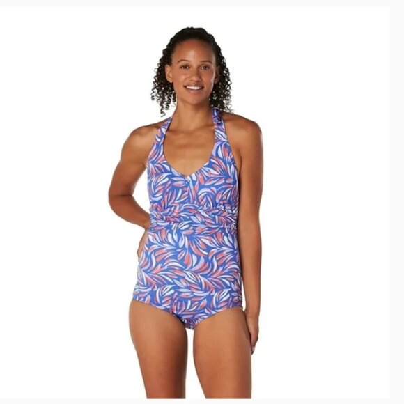 SPEEDO Women's Printed Halter One Piece Swimsuit Size 8 Blue Red Endurance NWT - Picture 1 of 12